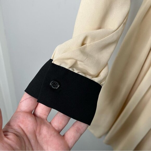 THML Womens Size Small Long Sleeve Blouson Dress Cream Black V Neckline Neutral - Picture 4 of 10